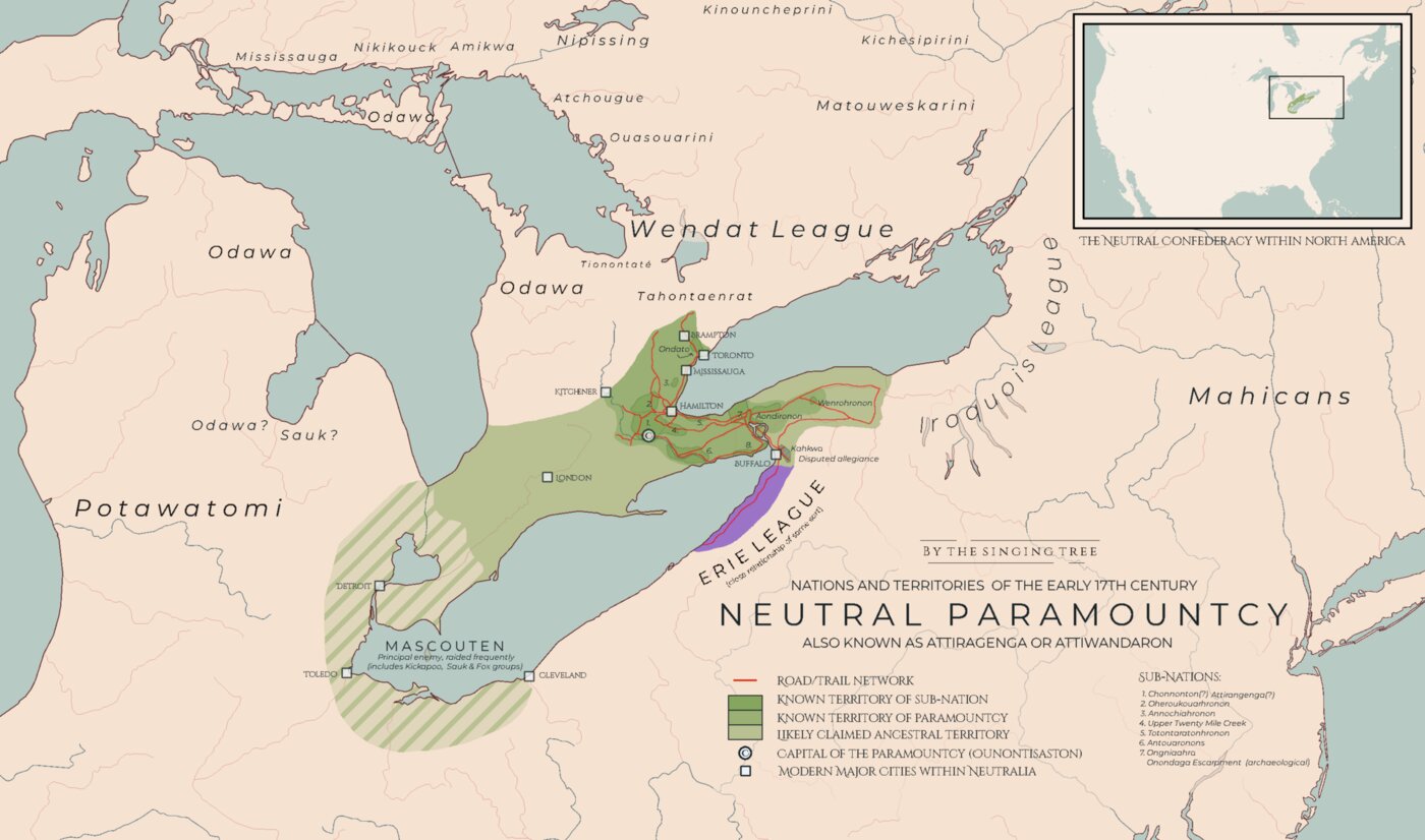 Map of the Neutral Confederacy's territory around 1600, with Hamilton at its centre